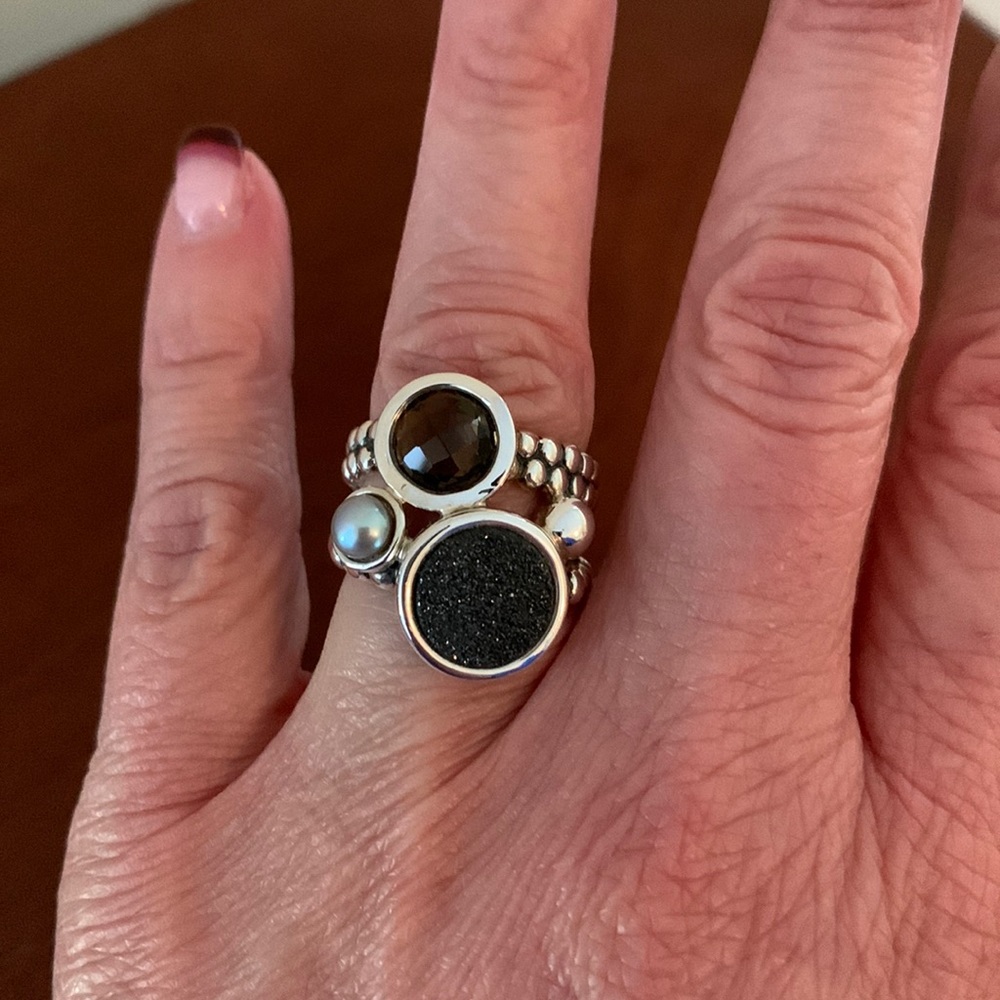 Multi stone sterling silver ring with black drusy, brown and grey stones